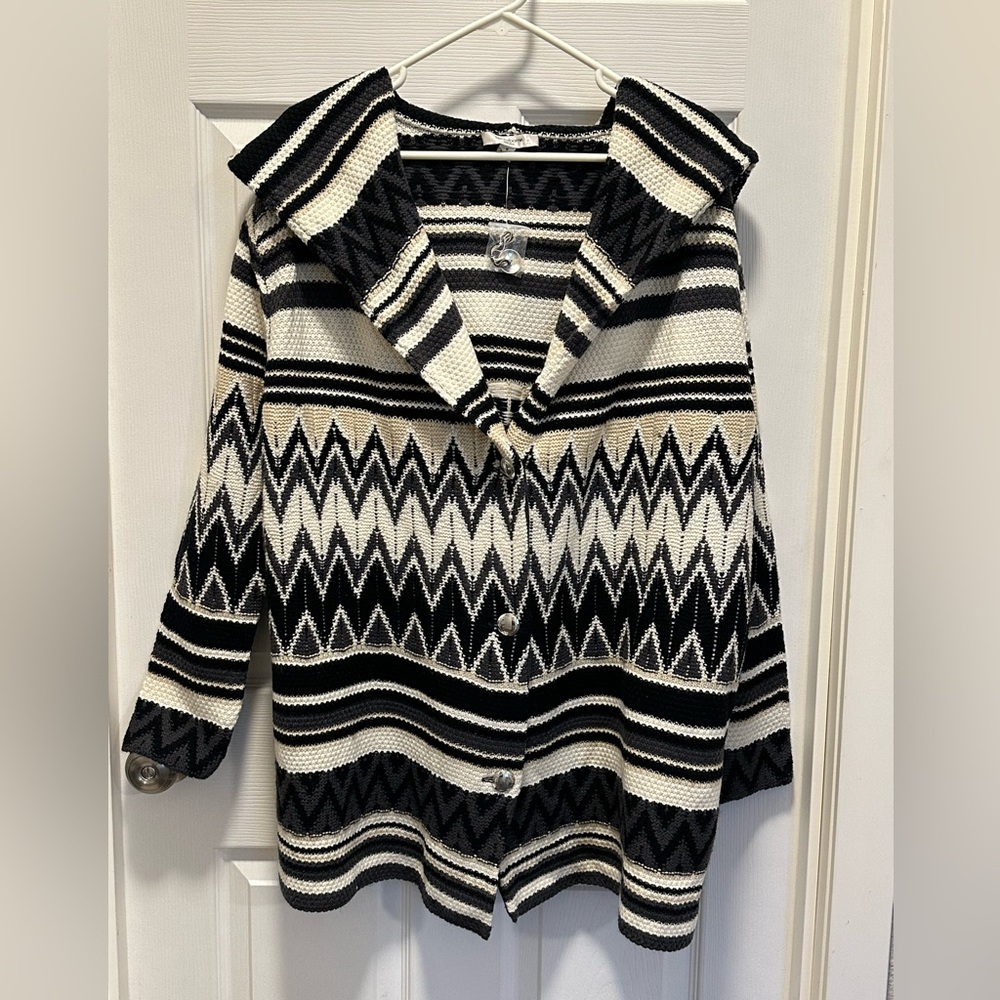 Liz Claiborne New York Chevron Hooded Wool Blend Silver Button Sweater Coat Med